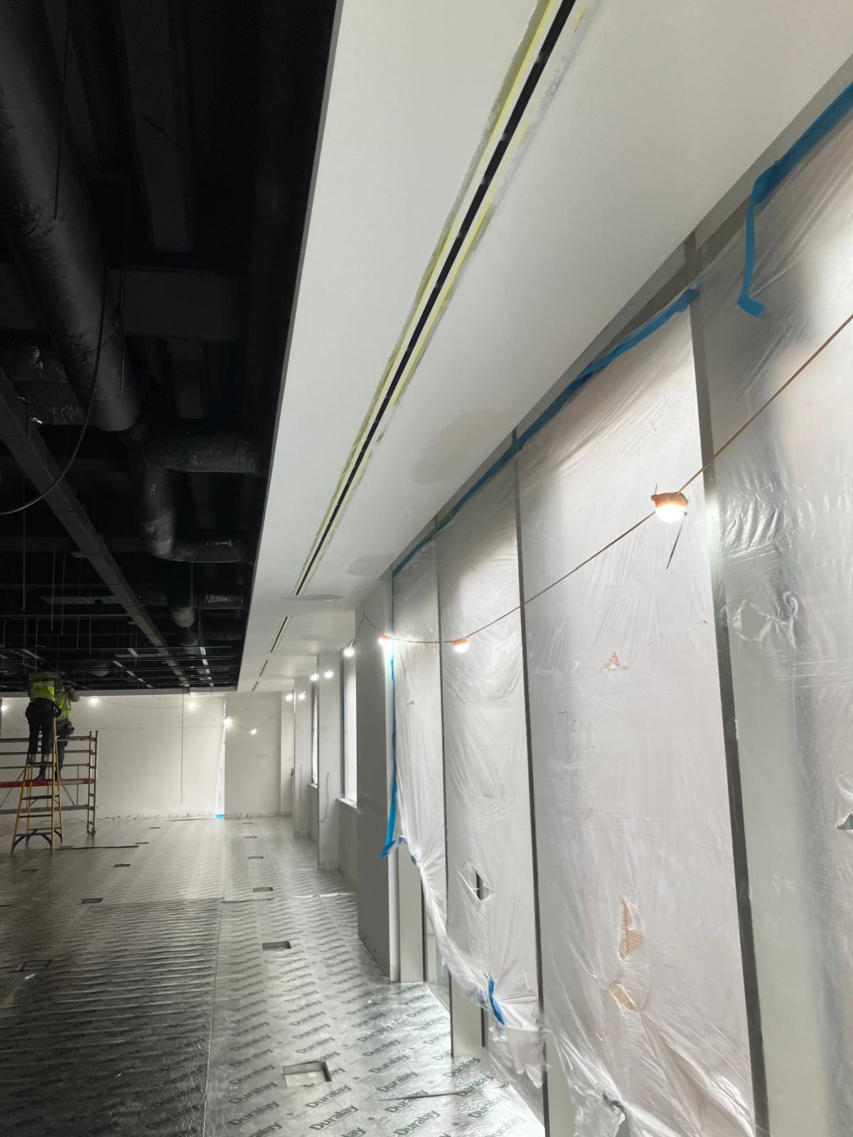 Plasterboard ceiling margins with masking for decoration